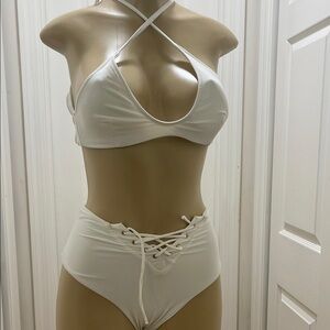 MIDSUMMER SWIM 🏊 White Cross Halter Bikini Set